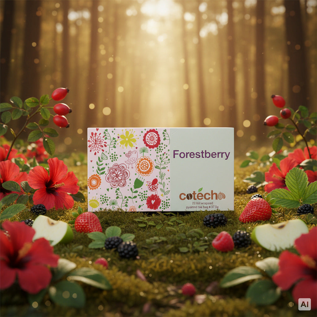 Cotecho Forstberry 20 Teebeutel Packung auf Blumen Hintergrund