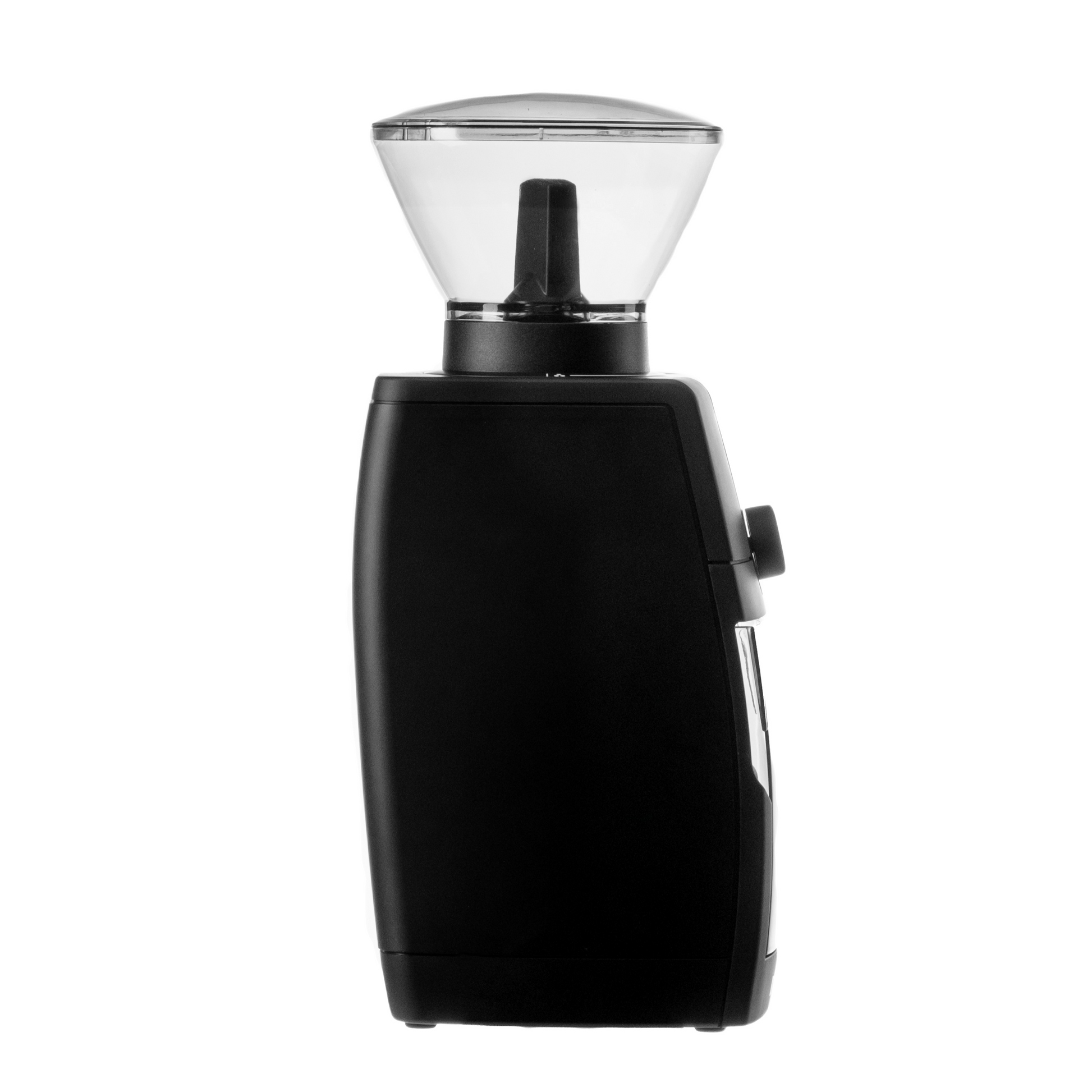 Baratza Encore ESP Pro elektrische Kaffeemühle schwarz, mit transprentem Bohnenbehälter, Seitenansicht der Mühle