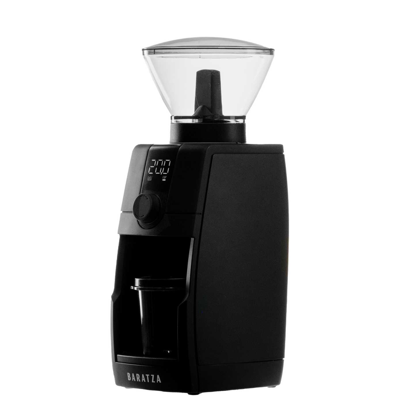 Baratza Encore ESP Pro elektrische Kaffeemühle schwarz, mit transprentem Bohnenbehälter, schräge Seitenansicht