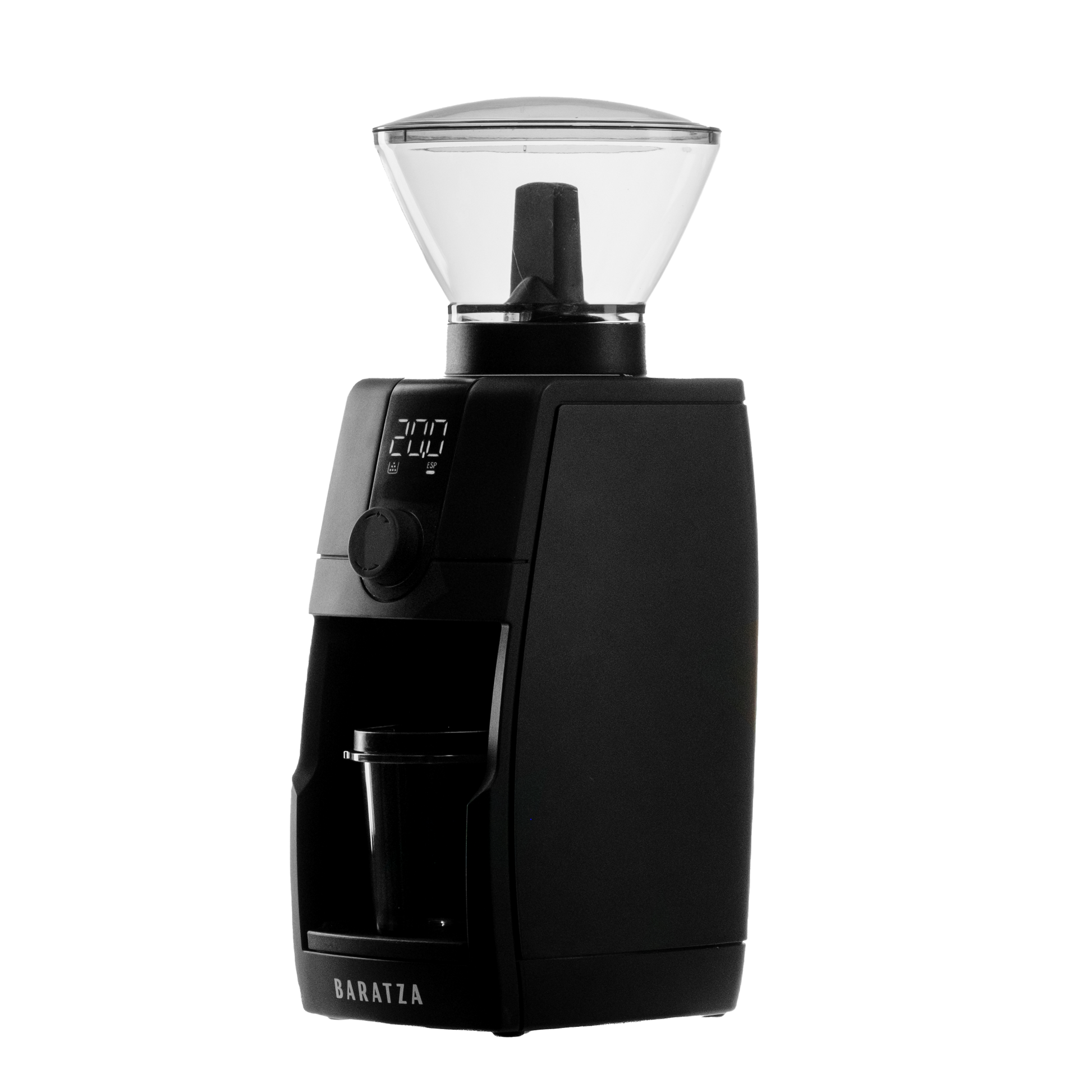 Baratza Encore ESP Pro elektrische Kaffeemühle schwarz, mit transprentem Bohnenbehälter, schräge Seitenansicht