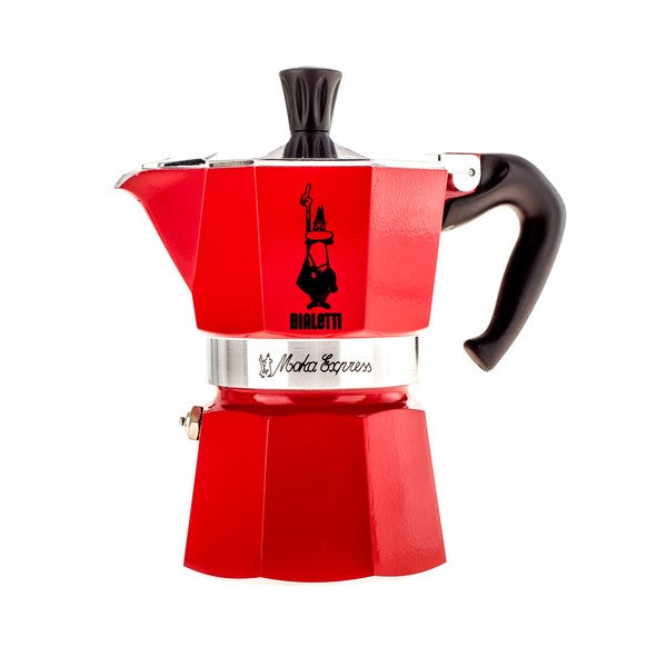 Bialetti Moka Express 3 Tassen Espressokocher in Rot aus Aluminium freigestellt