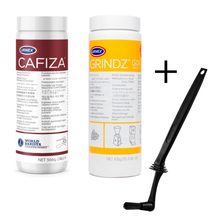 Reinigungs-Set Complete für Siebträger & Kaffeemühlen – Urnex Cafiza 566 g, Grindz GO1 430 g + Winkelbürste