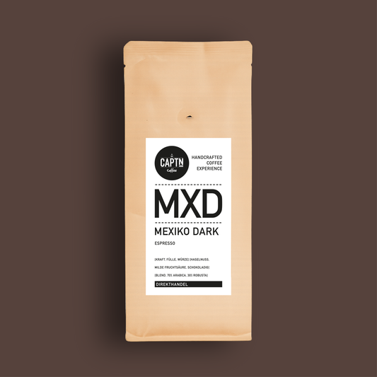 Mexiko Dark Kaffee Beutel auf dunkel braunem HIntergrund