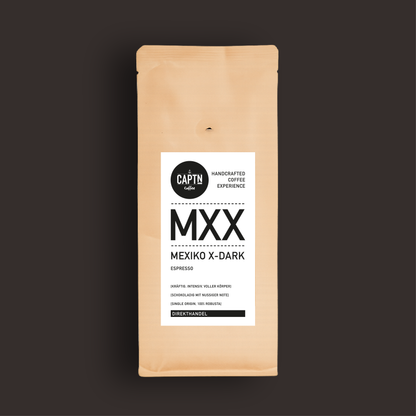 Mexiko Extra Dark Kaffee Beutel auf schwarzem Hintergrund
