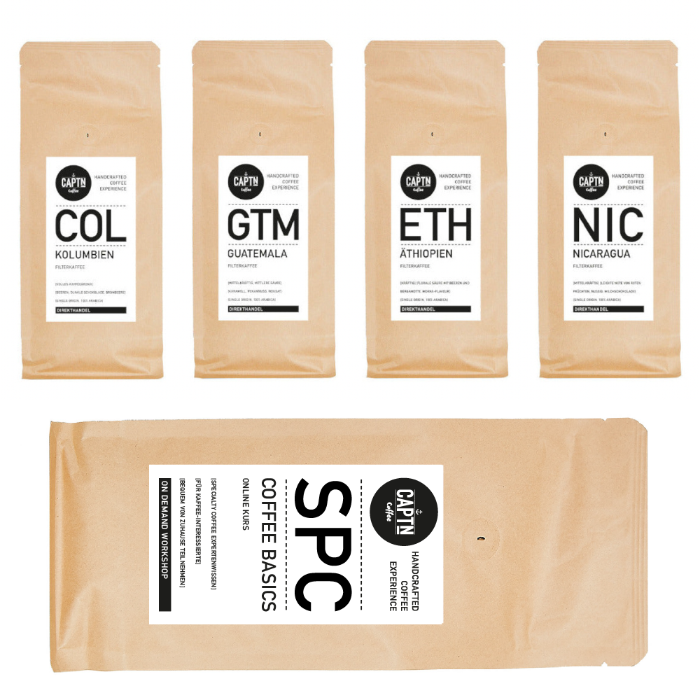 Probierpaket Filterkaffee "Mild vs. Kräftig" 4x 250g + Baristakurs - Specialty Coffee Basics (Online)