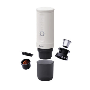 OutIn Nano tragbare elektrische Espressomaschine für unterwegs, für gemahlenen Kaffee oder Kapseln, Pearl White