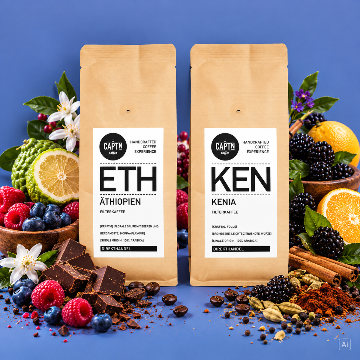 Zwei Kaffeebeutel mit Früchten auf lila Hintergrund