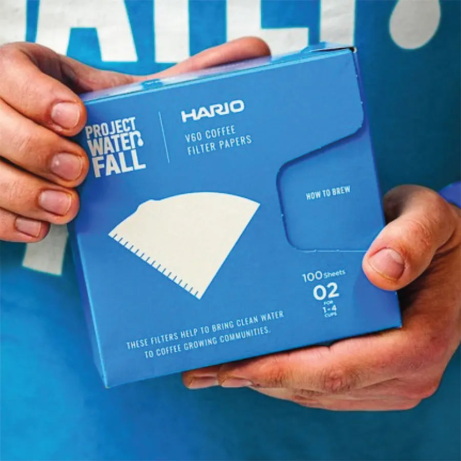 Hario Project Waterfall V60 Filter 02 Verpackung in Händen