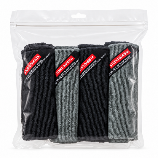Studio Barista Cleaning Cloth Set mit vier Mikrofasertüchern in Verpackung