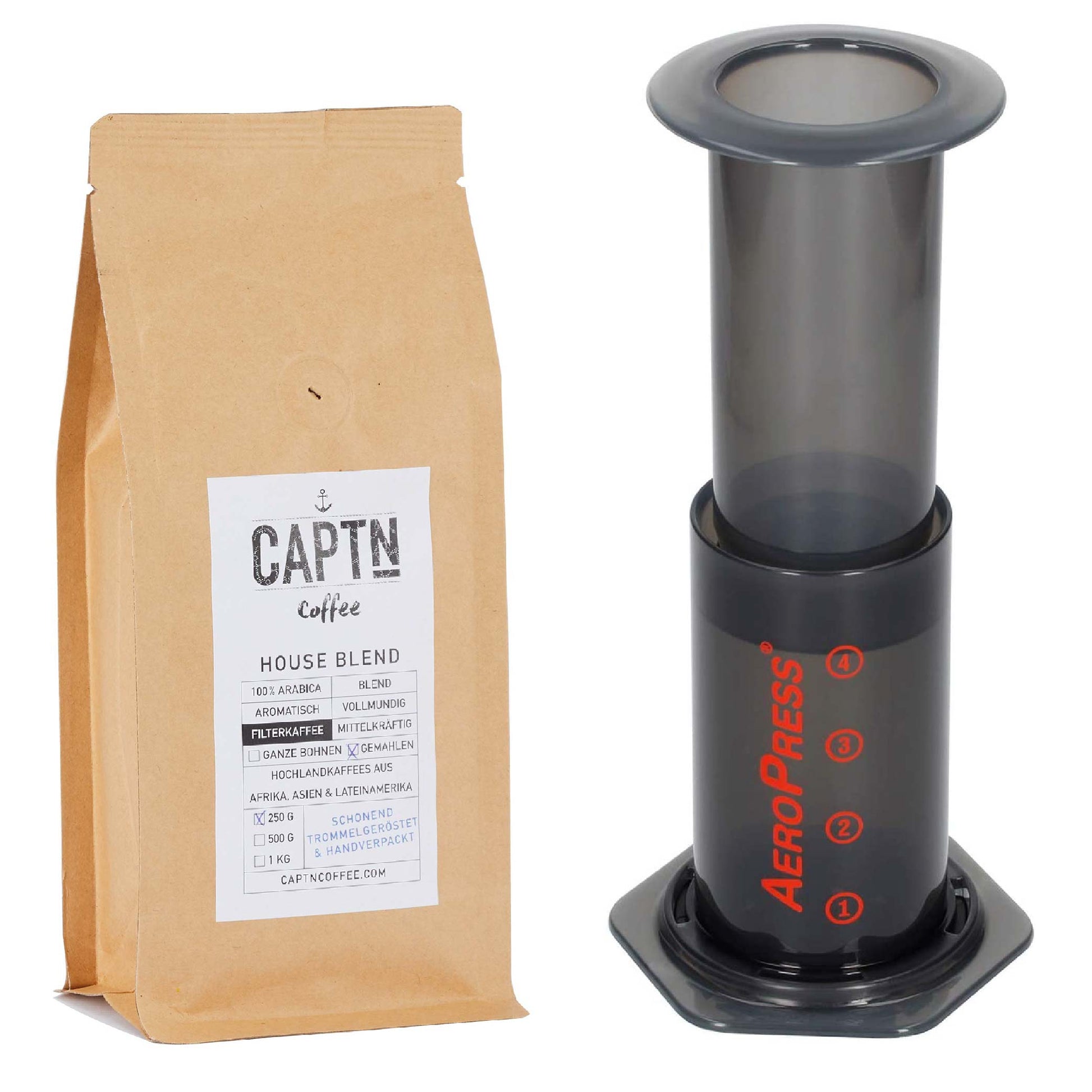 Aeropress mit Kaffeebeutel im Set