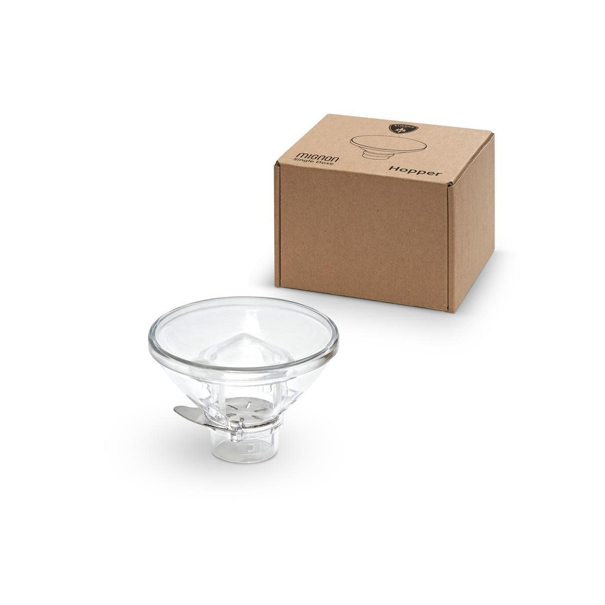 Eureka Mignon Single Dose Hopper transparent und Verpackung