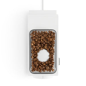 Fellow Ode Brew Grinder elektrische Kaffeemühle matt-weiß mit Kaffeebohnen befüllt