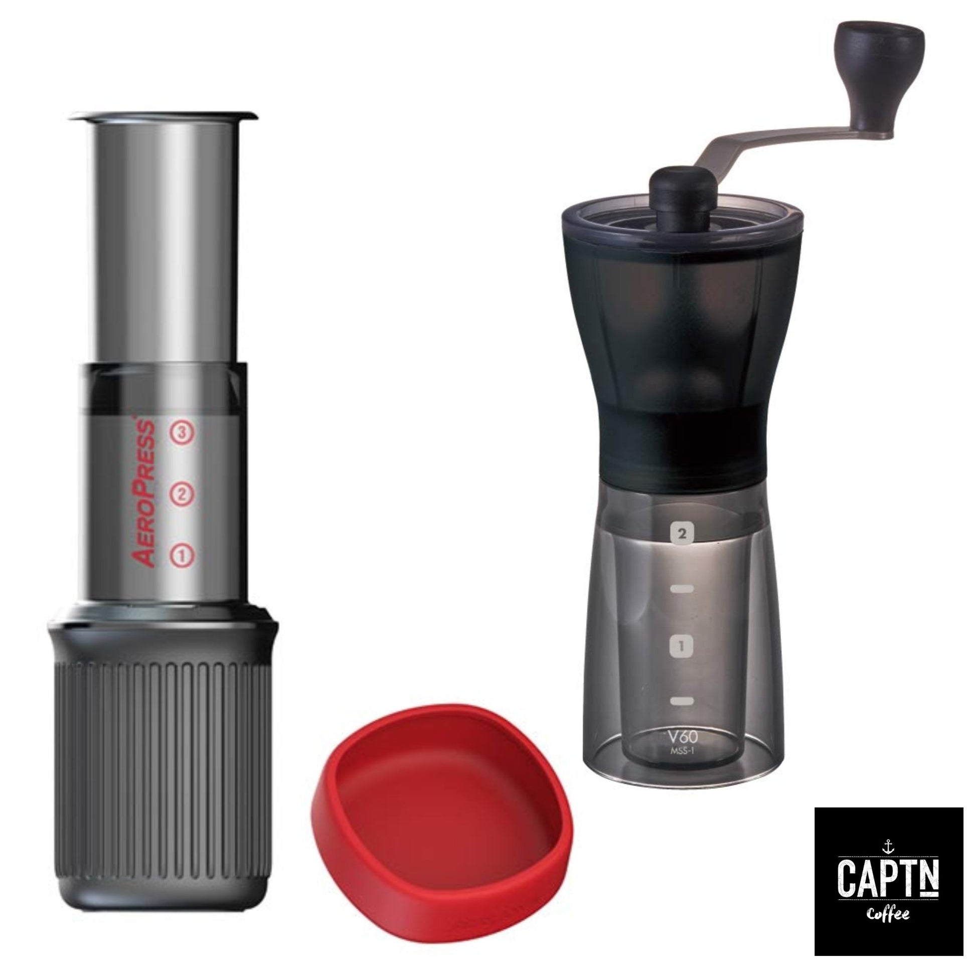AeroPress Go and Hario Mini Slim Plus coffee grinder set – CAPTN