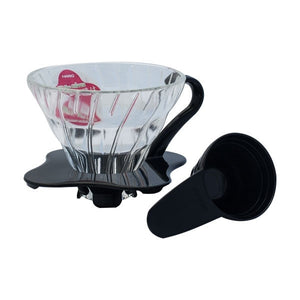 Hario Handfilter Glass Coffee Dripper V60 Größe 01, Black mit Messlöffel